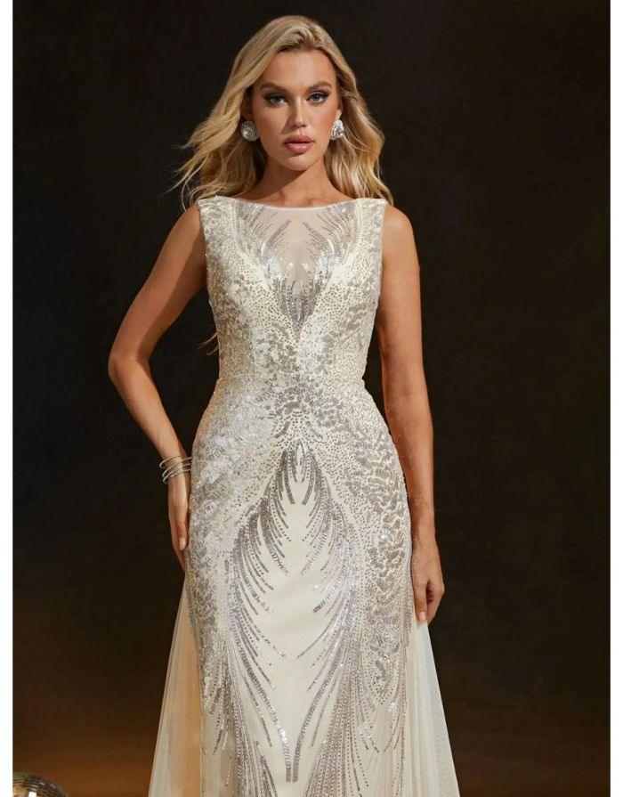 Vestido Marfim Longo Malha Fishtail