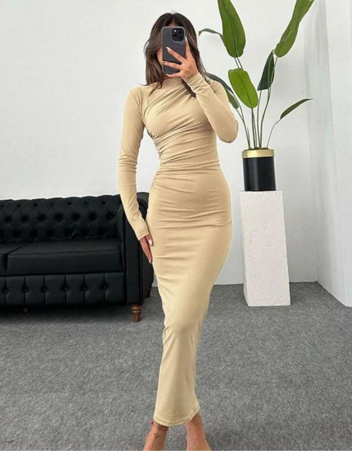 Vestido Maxi Decote em O Manga Longa