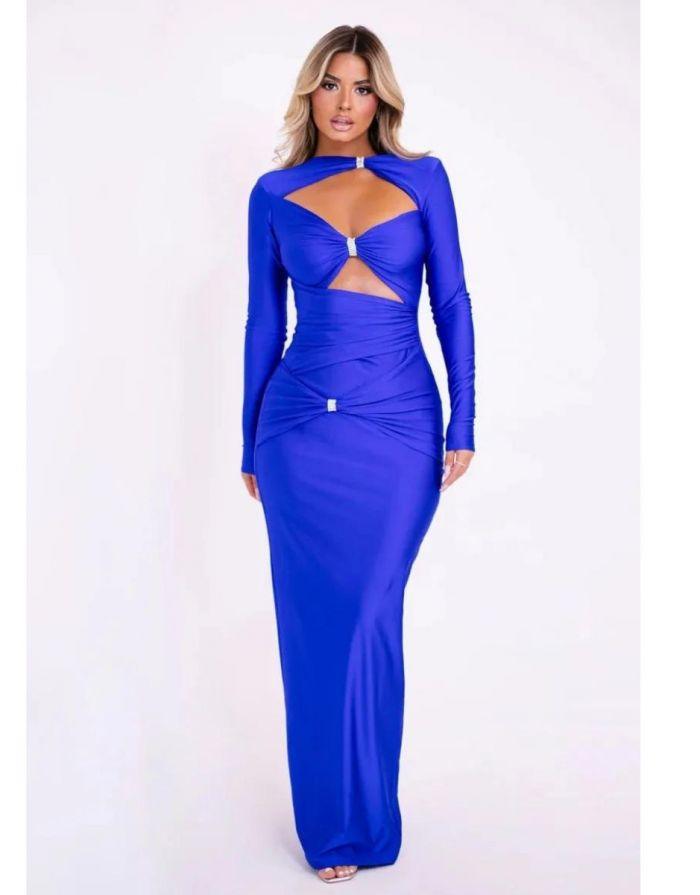 Vestido Maxi Manga Longa Monocromático Slim