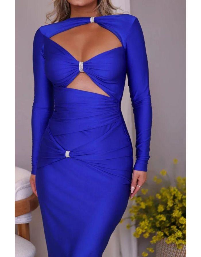 Vestido Maxi Manga Longa Monocromático Slim