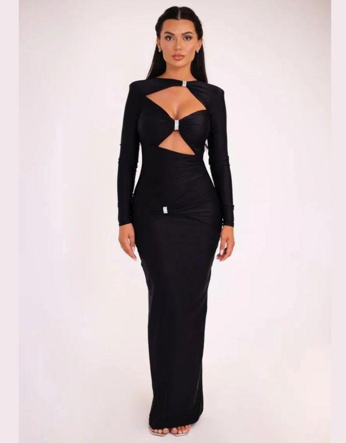 Vestido Maxi Manga Longa Monocromático Slim