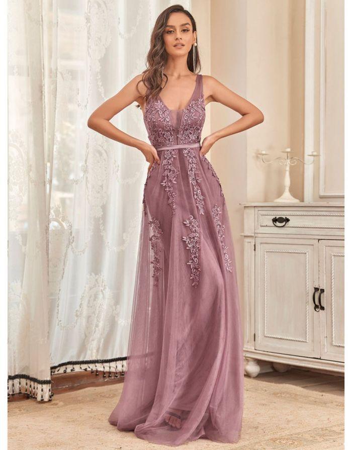 Vestido Orquídea Com Decote em V Frisado Renda