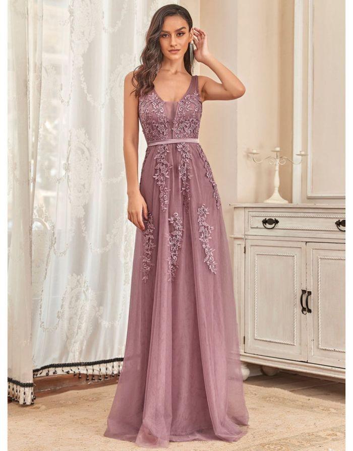 Vestido Orquídea Com Decote em V Frisado Renda