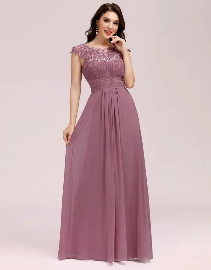 Vestido Orquídea Longo Decote em O Off Mangas