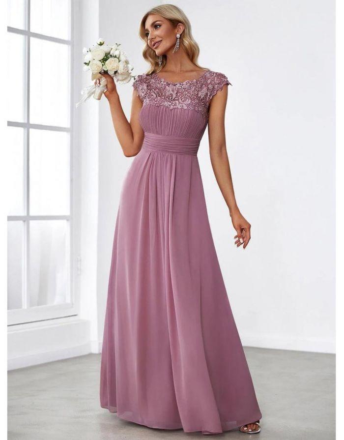 Vestido Orquídea Longo Decote em O Off Mangas