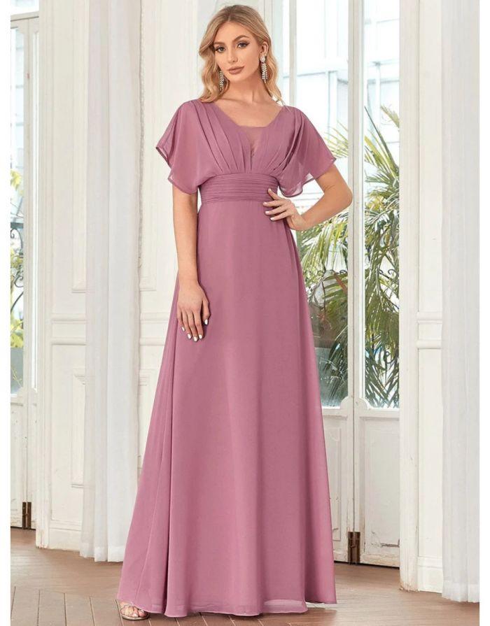 Vestido Orquídea Longo Decote em V Mangas com Babados