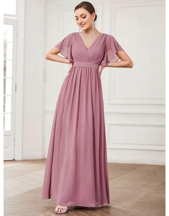Vestido Orquídea Longo Manga Curta Decote em V Chiffon
