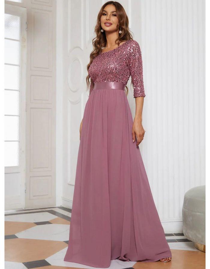 Vestido Orquídea Longo Manga em Chiffon Lantejoula