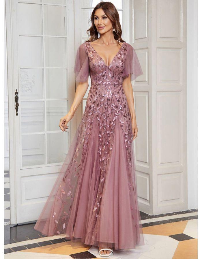 Vestido Orquídea Longo Romântico com Decote em V Mangas Babado