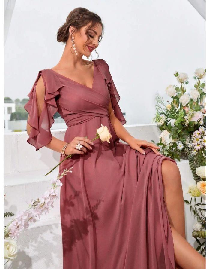 Vestido Pink Longo Ombro Babados