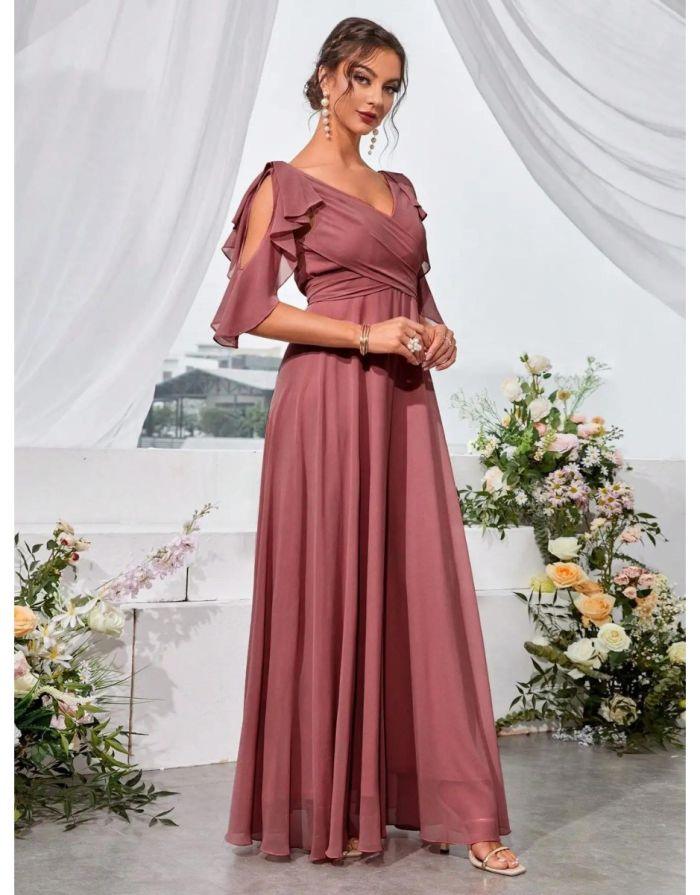 Vestido Pink Longo Ombro Babados