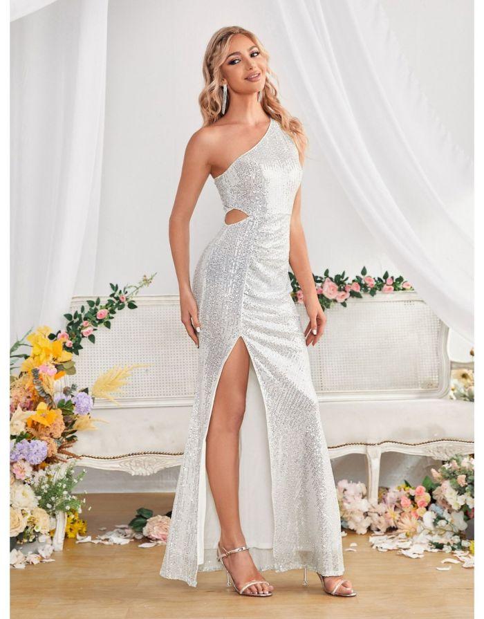 Vestido Prata Longo Babi Ombro Único