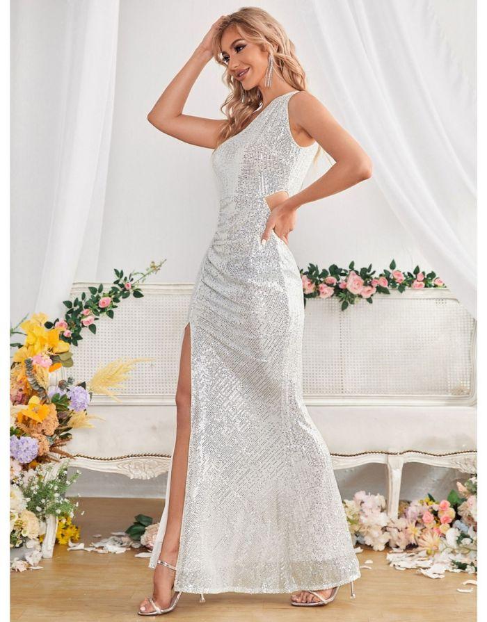 Vestido Prata Longo Babi Ombro Único