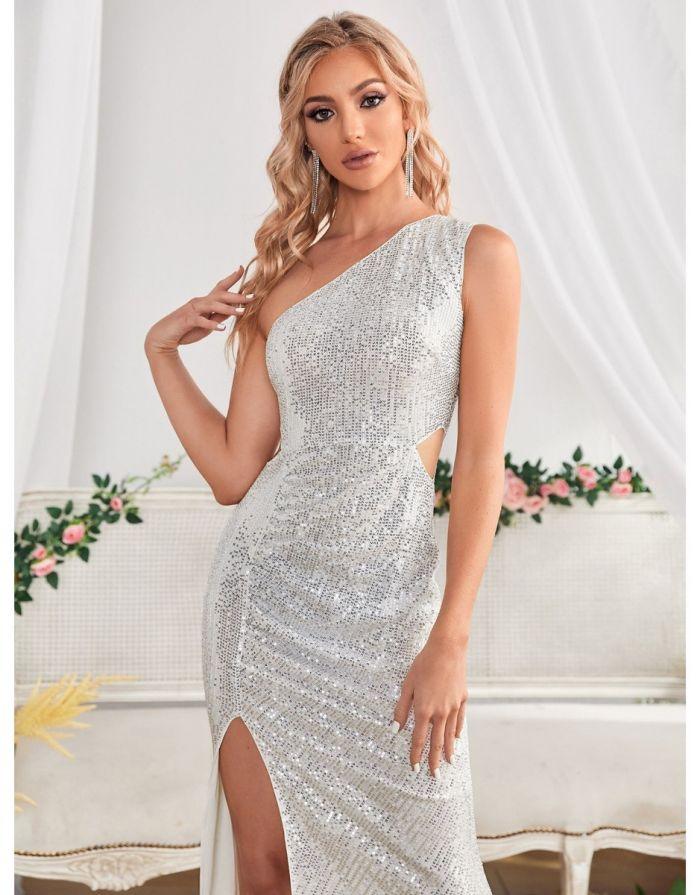 Vestido Prata Longo Babi Ombro Único