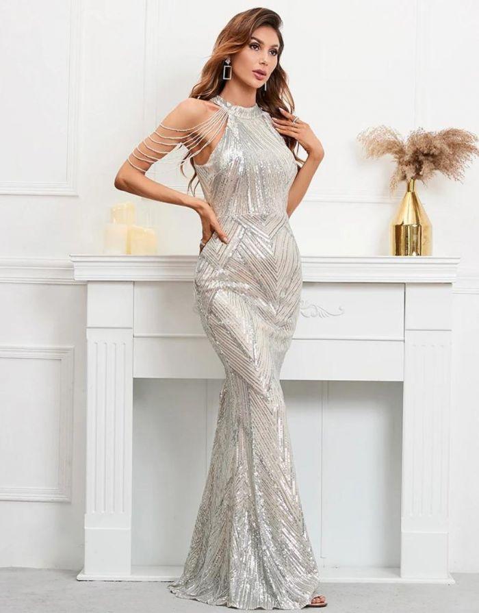 Vestido Prata Longo Cauda de Sereia