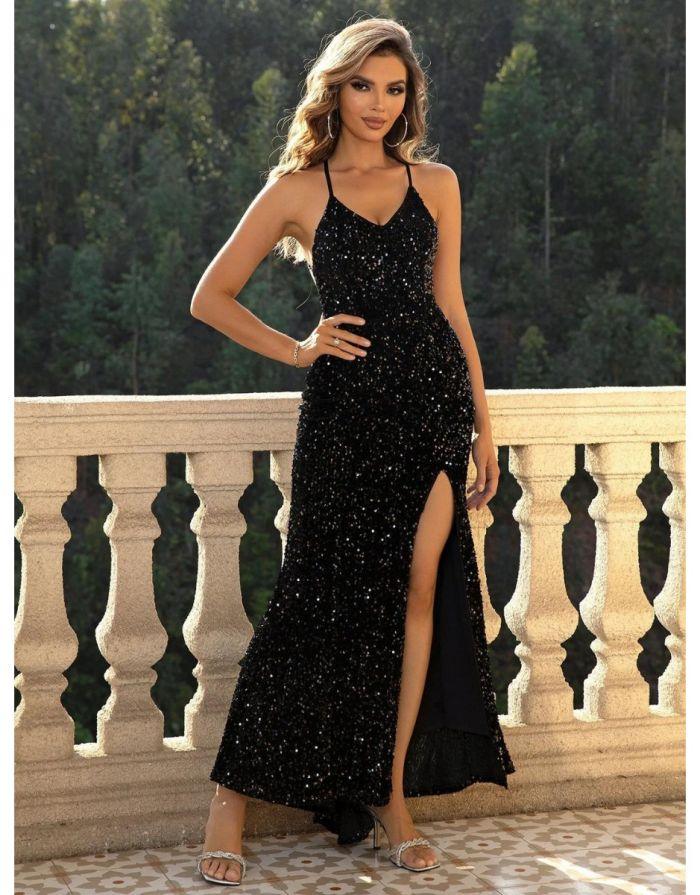 Vestido Preto Longo Costa Aberta Brilho