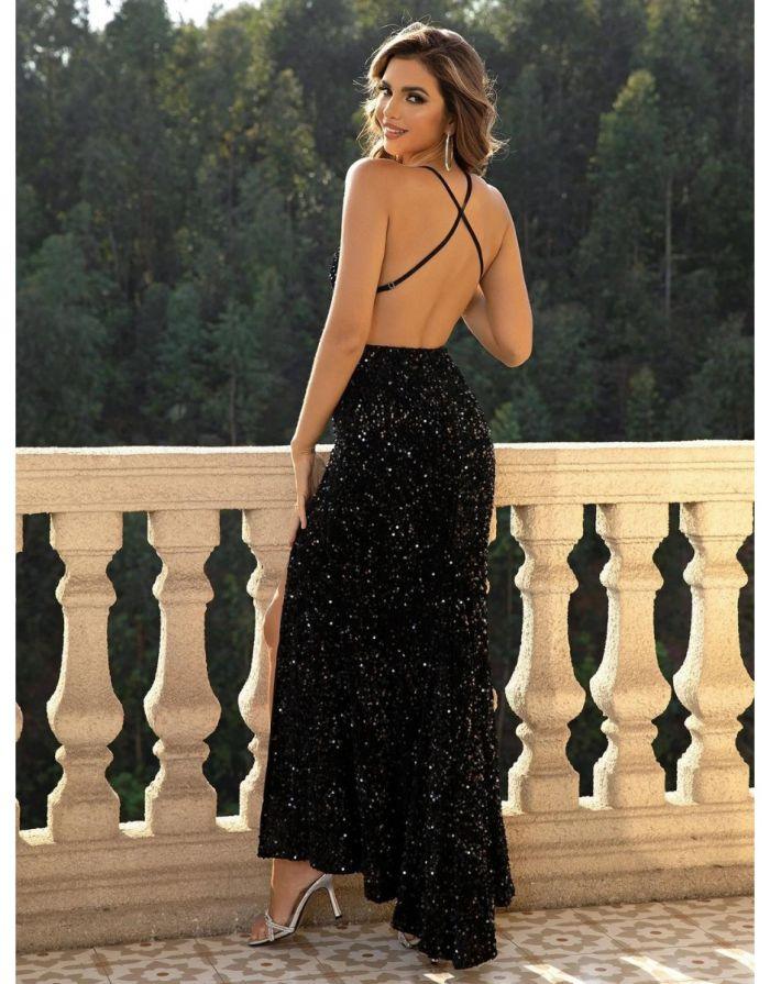 Vestido Preto Longo Costa Aberta Brilho