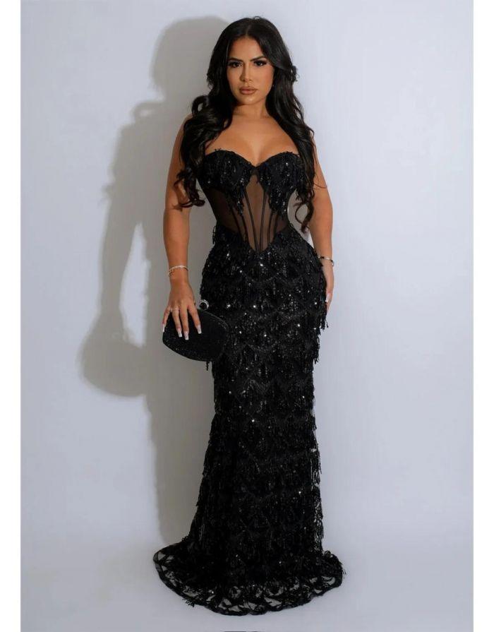 Vestido Preto Longo Espartilho Harriet