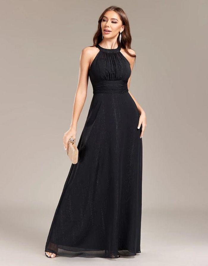 Vestido Preto Longo Fio Prateado de Dama de Honra