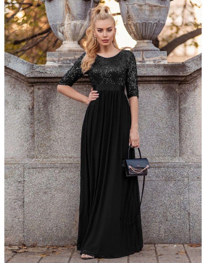Vestido Preto Longo Manga em Chiffon Lantejoula