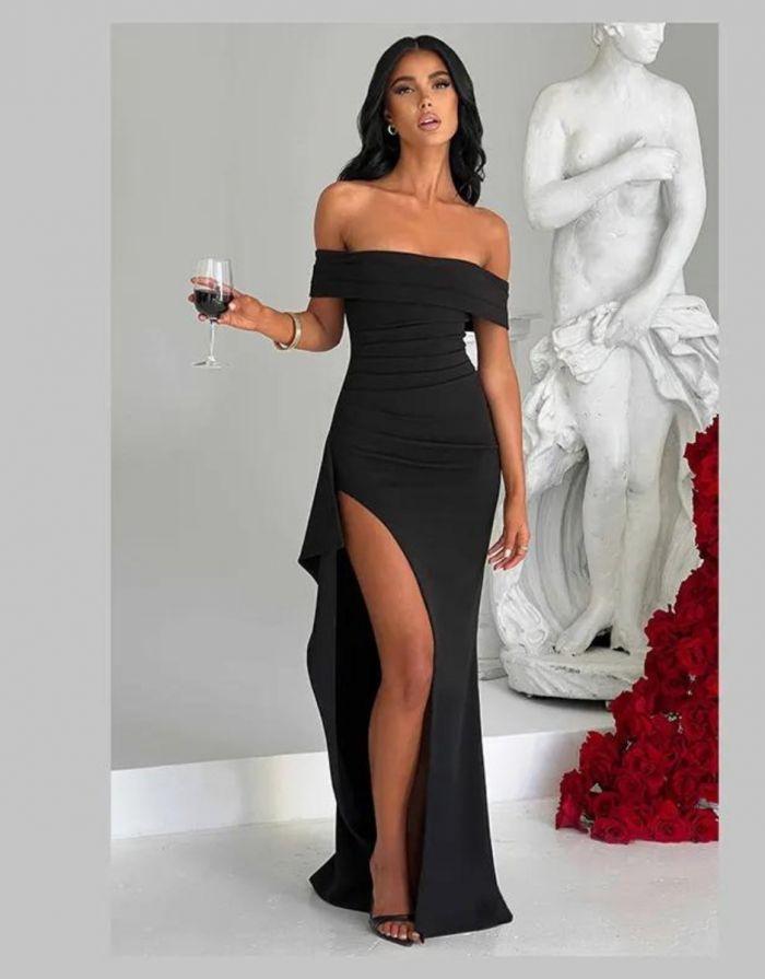 Vestido Preto Longo Off Ombro Fenda Alta