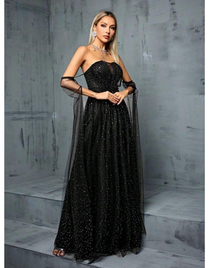 Vestido Preto Longo Ombro a Ombro Lantejoulas