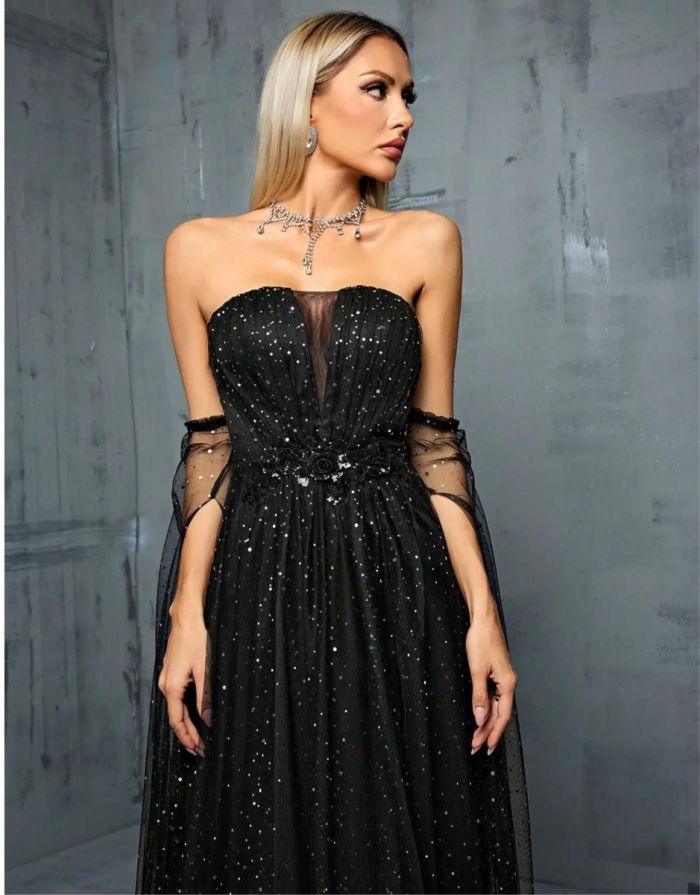 Vestido Preto Longo Ombro a Ombro Lantejoulas