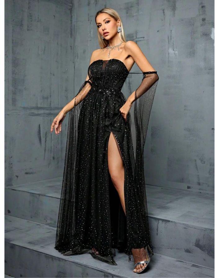 Vestido Preto Longo Ombro a Ombro Lantejoulas