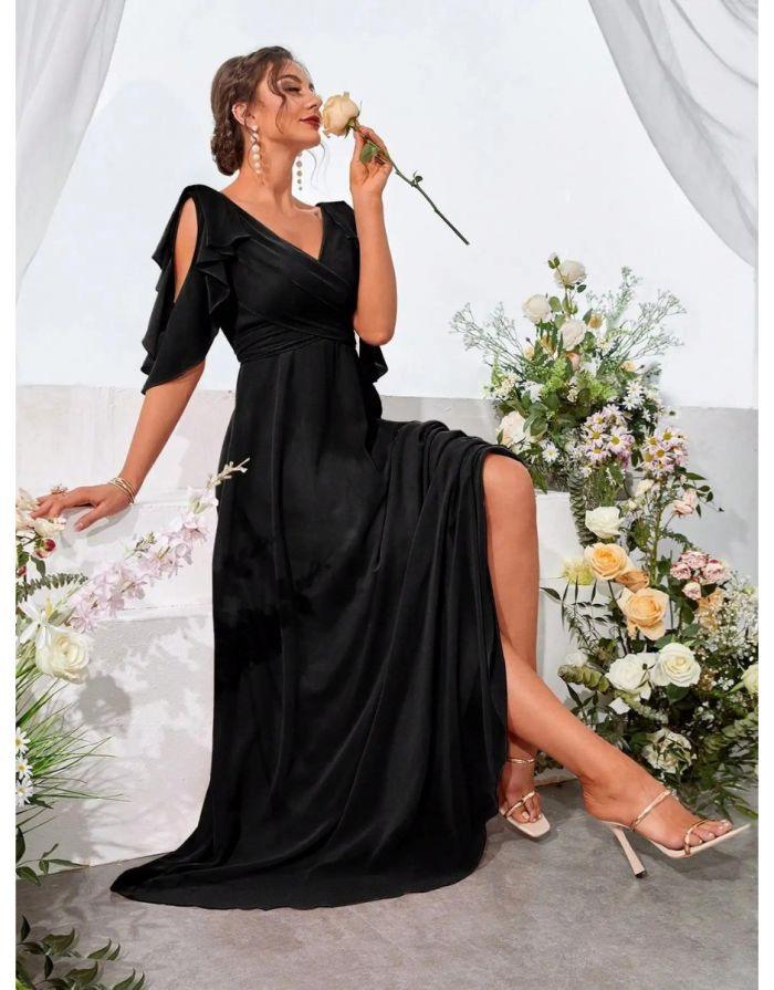 Vestido Preto Longo Ombro Babados