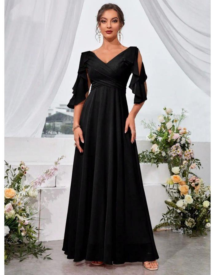 Vestido Preto Longo Ombro Babados