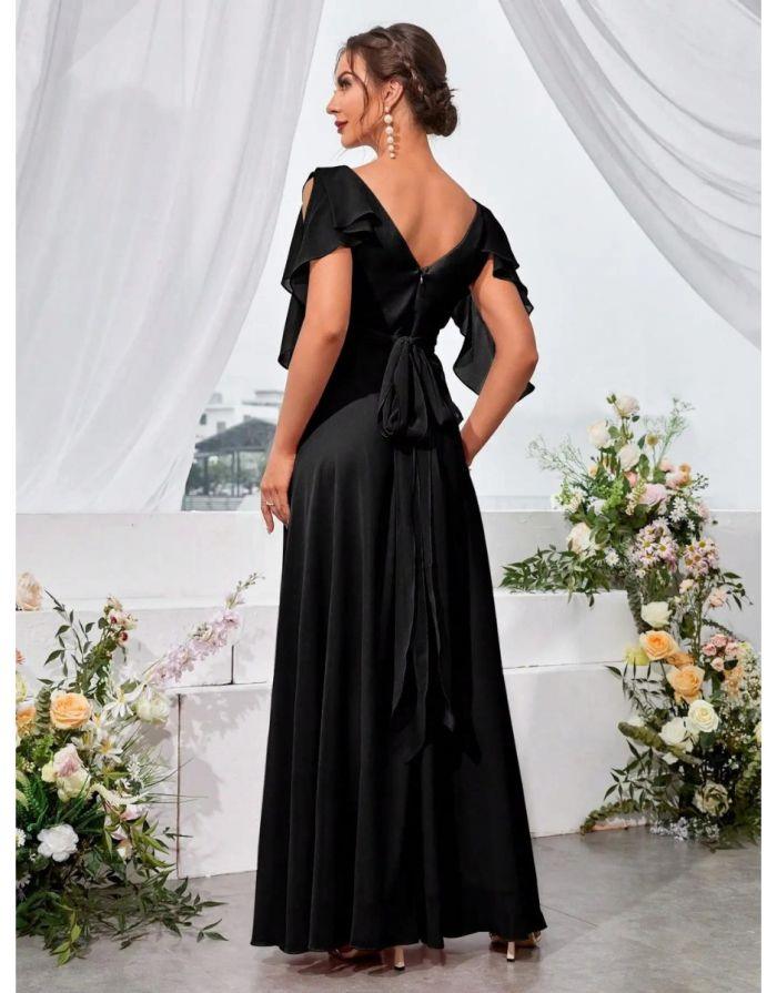 Vestido Preto Longo Ombro Babados