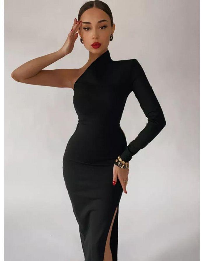 Vestido Preto Longo Ombro Único Janne