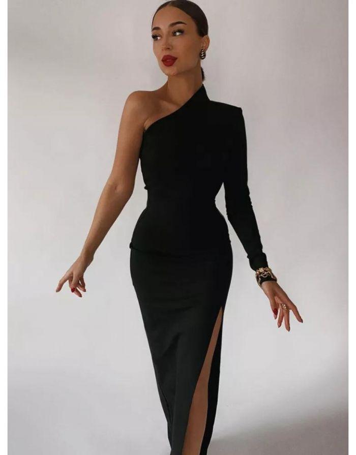 Vestido Preto Longo Ombro Único Janne