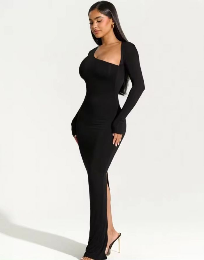 Vestido Preto Maxi de Fenda Assimétrica