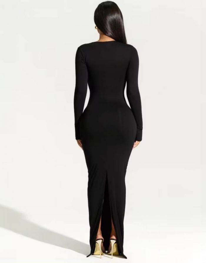 Vestido Preto Maxi de Fenda Assimétrica