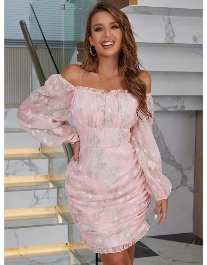 Vestido Rosa Estampado Floral Ombros Off De Manga Lanterna