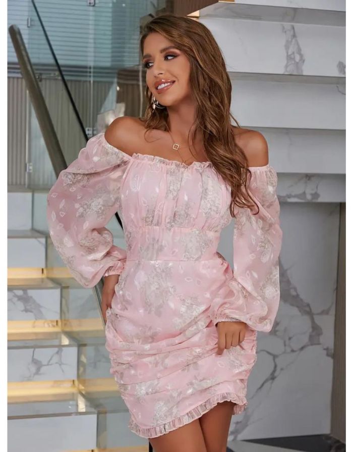 Vestido Rosa Estampado Floral Ombros Off De Manga Lanterna