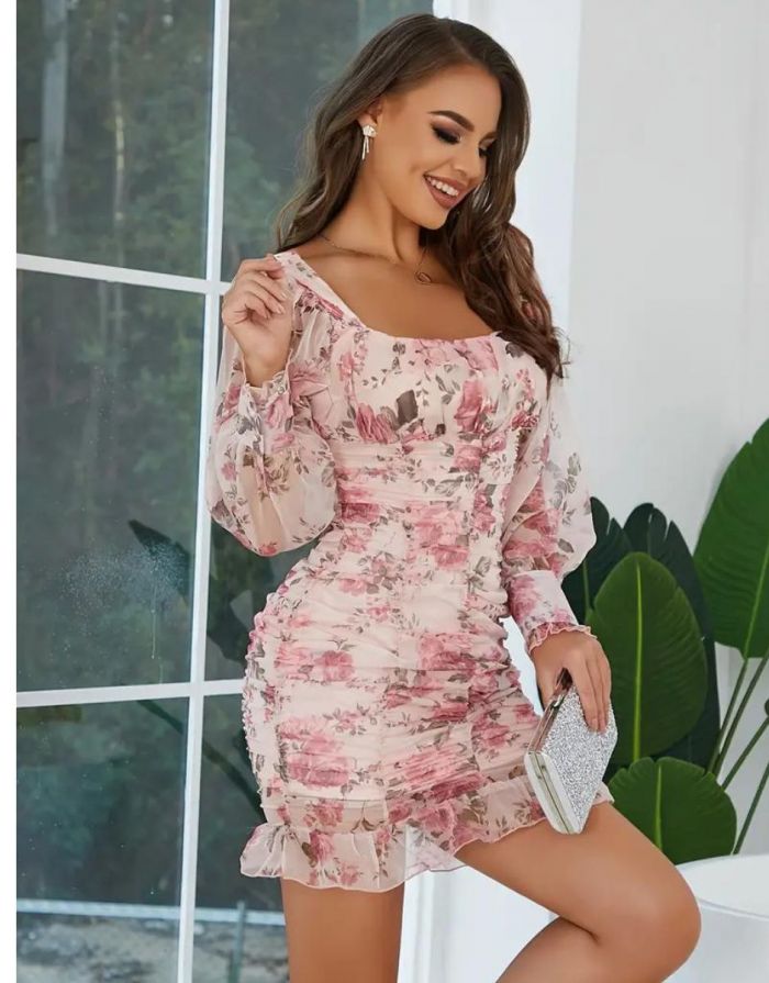 Vestido Rosa Floral Mangas Bufantes