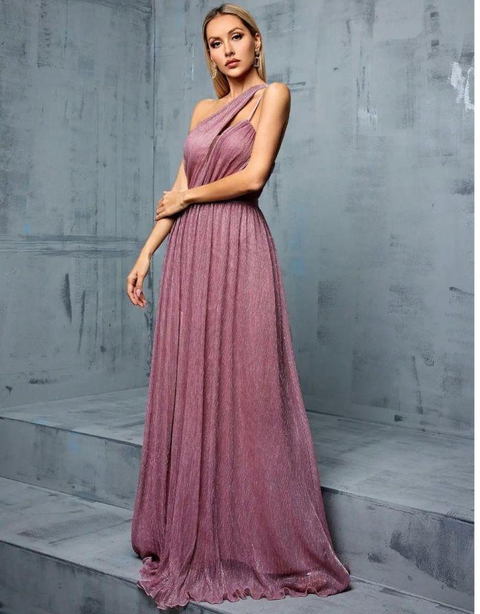 Vestido Rosa Longo Assimétrico Com Decote Em V Profundo Fenda