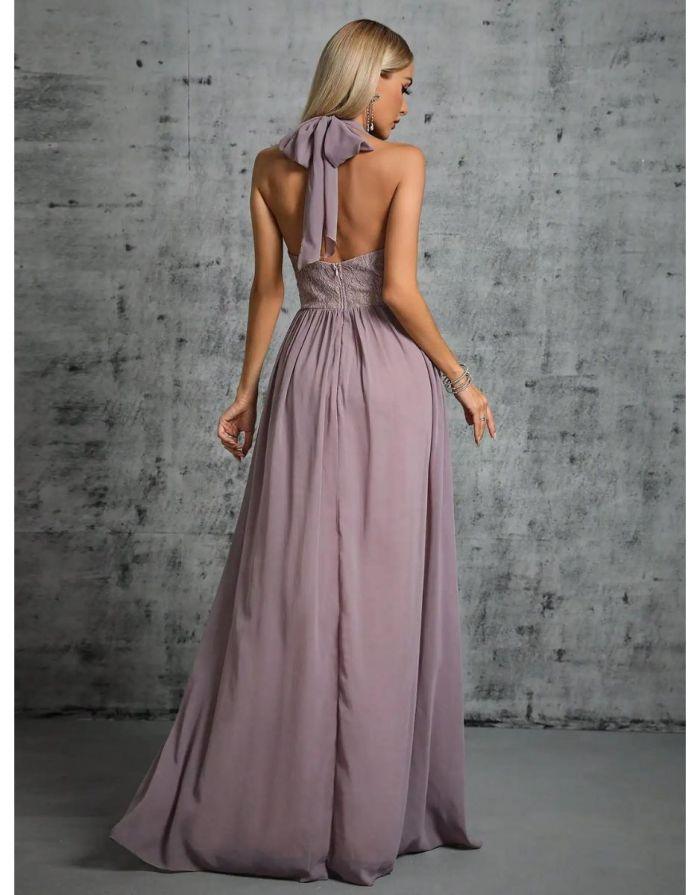 Vestido Rosa Longo Cinta Plissada V-Neck Chiffon