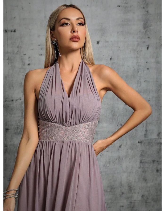 Vestido Rosa Longo Cinta Plissada V-Neck Chiffon