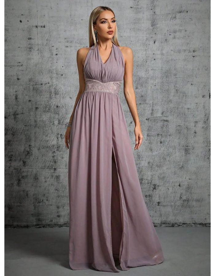 Vestido Rosa Longo Cinta Plissada V-Neck Chiffon