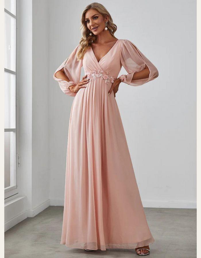 Vestido Rosa Longo com Manga Longa Bufante