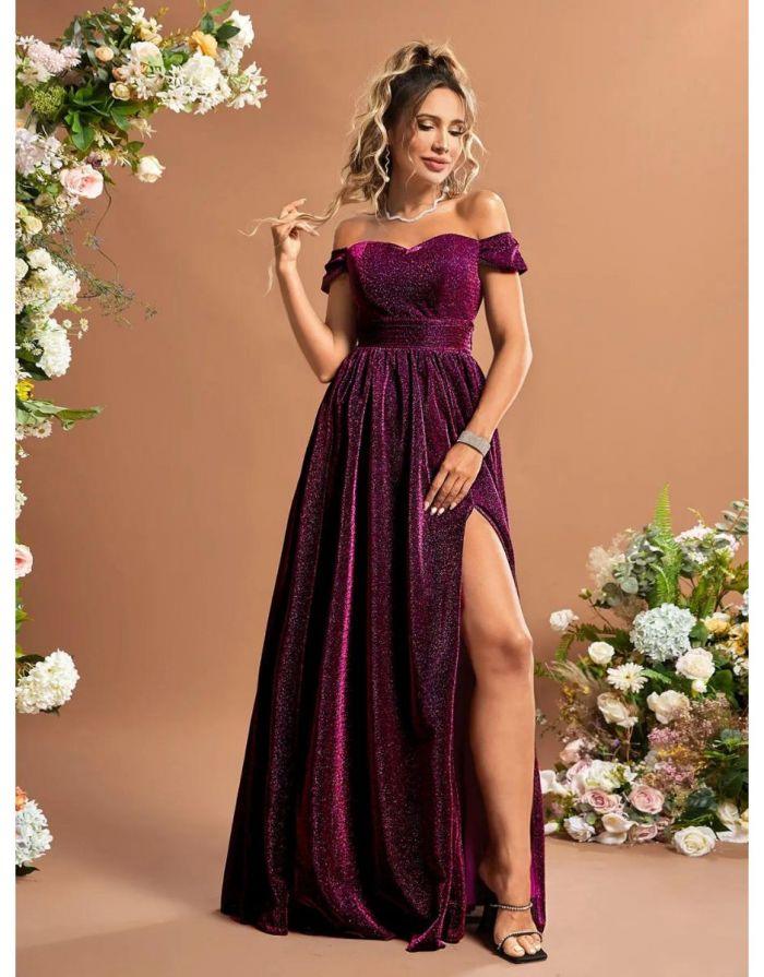 Vestido Rose Red Longo De Glitter Fora Do Ombro