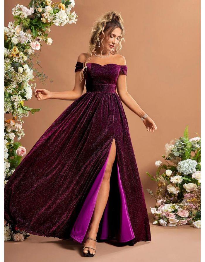 Vestido Rose Red Longo De Glitter Fora Do Ombro