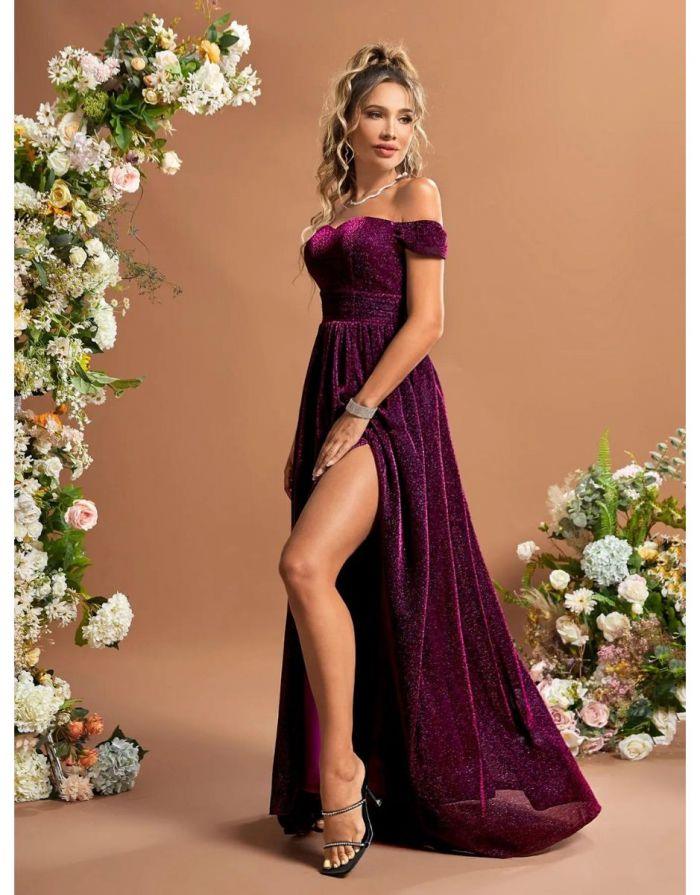 Vestido Rose Red Longo De Glitter Fora Do Ombro