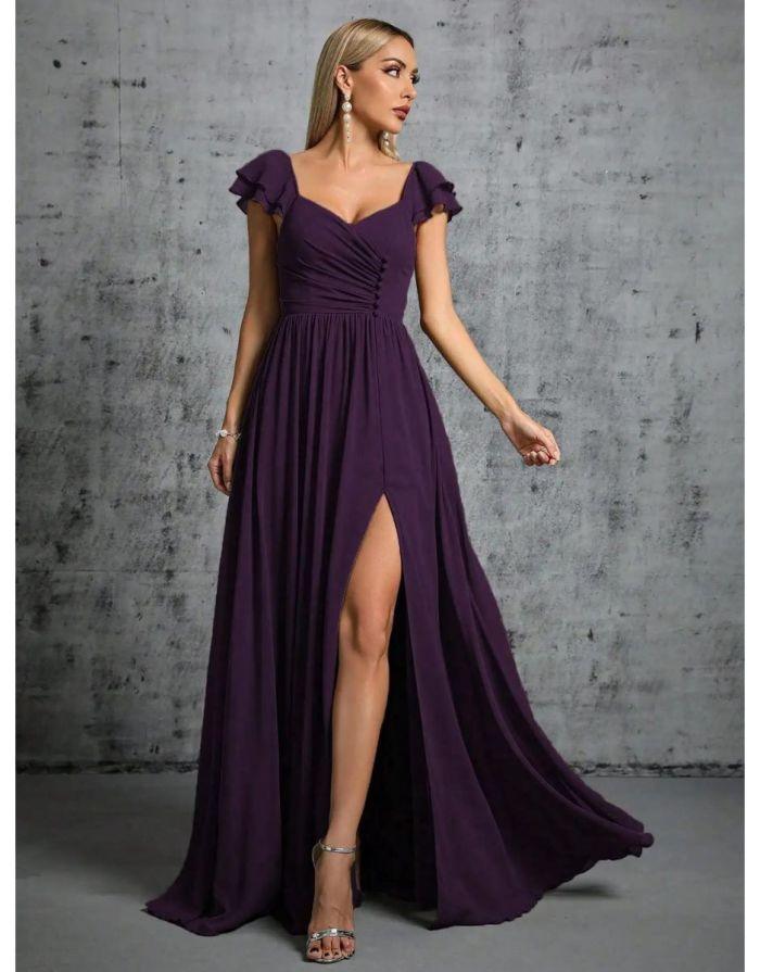 Vestido Roxo Longo Com Gola Ferradura Mangas Babados