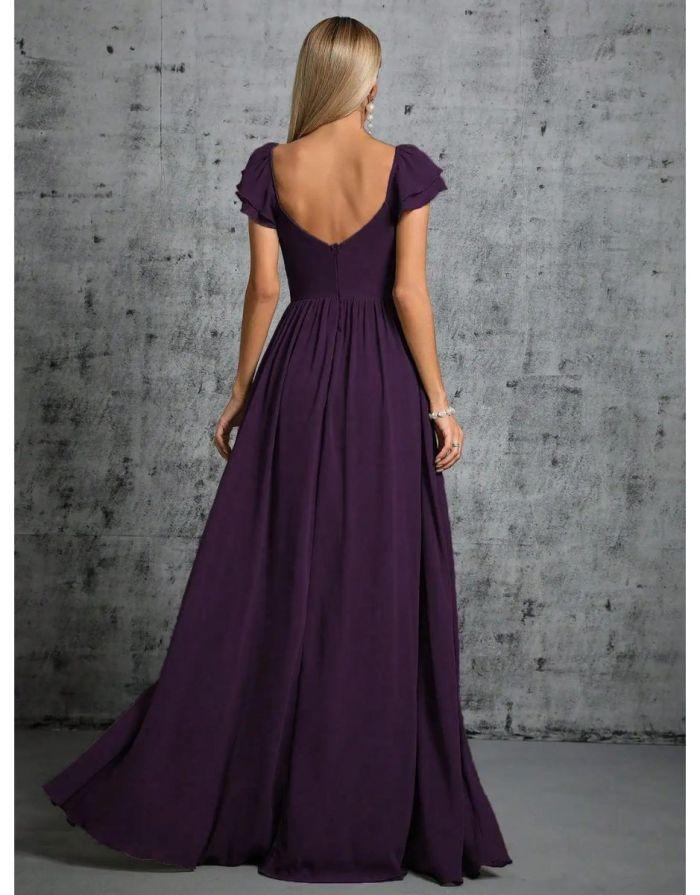 Vestido Roxo Longo Com Gola Ferradura Mangas Babados