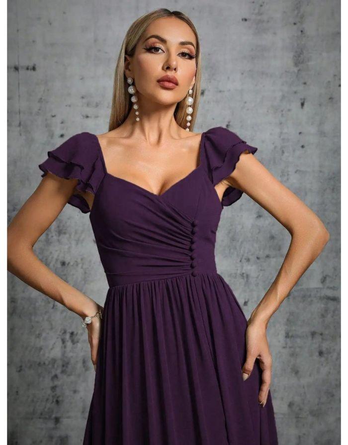 Vestido Roxo Longo Com Gola Ferradura Mangas Babados