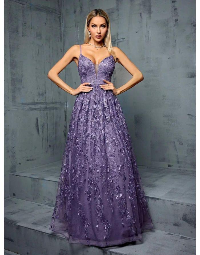 Vestido Roxo Longo Renda Bordada Decote Em V